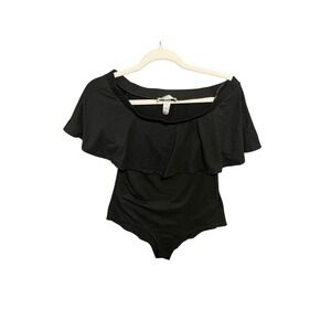 Gaze USA Black Ruffle Off Shoulder Bodysuit,‎ One Piece, Size Small